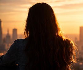 Mulher observando a cidade ao pôr do sol